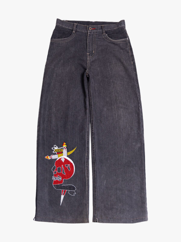 viv 1 Dark Grey Embroidered Graphic Wide Leg Denim Jeans