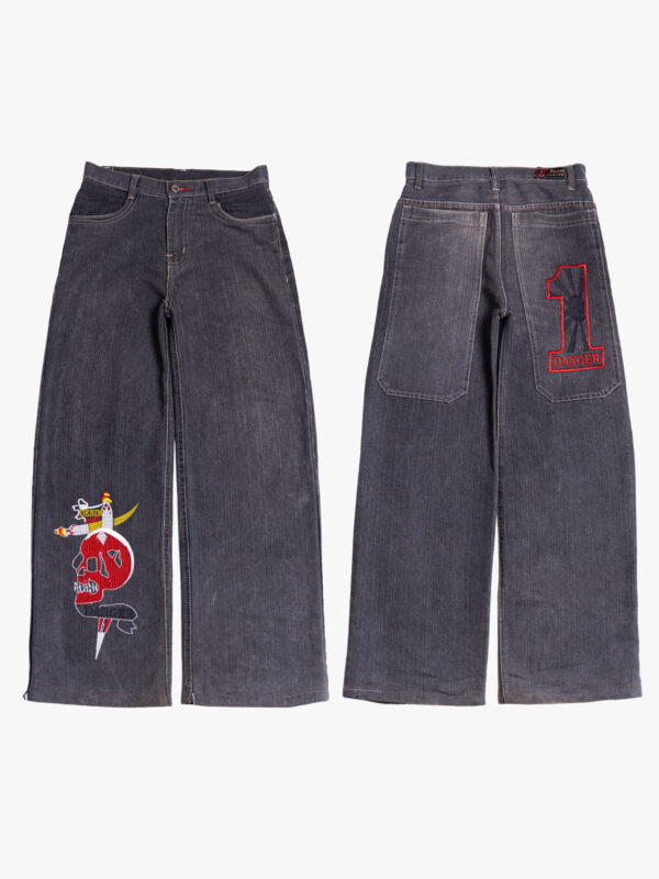 viv Dark Grey Embroidered Graphic Wide Leg Denim Jeans